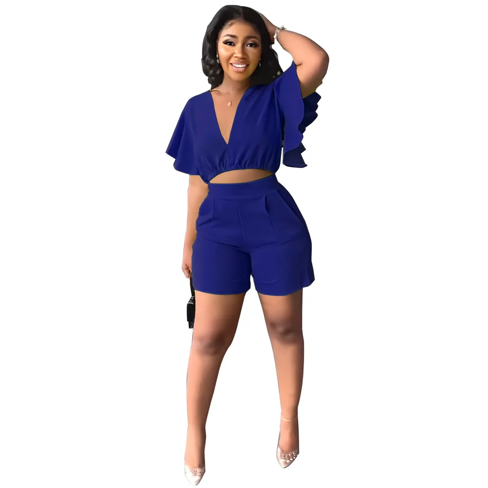 Fashion Two Piece Set Women Sexy V Neck Ruffles Sleeve Crop Top & Pockets Shorts Suit 2023 Summer Street Solid Tracksuit Outfits