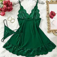 G-string Nightgown Set For Sexy Woman Summer Night Dress Ultra-thin See-through Pajama Sets Lace Sleepwear Suspender Lingerie - Image 2