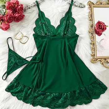 G-string Nightgown Set For Sexy Woman Summer Night Dress Ultra-thin See-through Pajama Sets Lace Sleepwear Suspender Lingerie 2