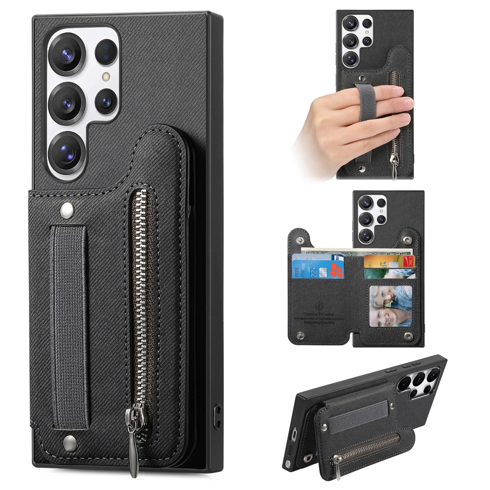 Zipper Card Slot Leather Wallet Case with Elastic Wrist Strap