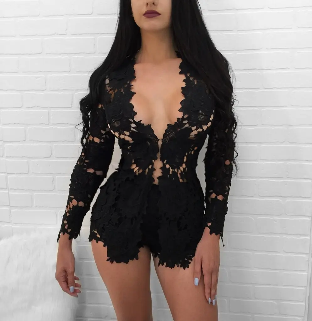 Hook Flower Hollow Female Short Sets Floral Spliced Long Sleeves Jacket Suit Sexy Lace V Neck Slim Party Two Piece Set for Women dourbesty gothic black hollow out dress sets women y2k halter vest with sleeves bodycon skirt set sexy party matching sets
