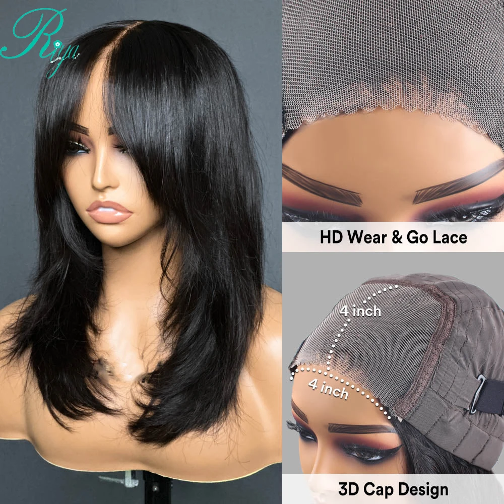 Wear to Go Glueless Yaki Straight Human Wigs 7x5 Lace Closure Wig Inspired Layers With Curtain Bang 34 Inches Pre Cut Lace Wigs