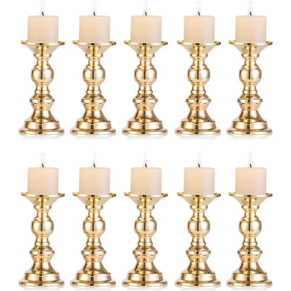 

Set of 10 Gold Metal Pillar Candle Holders, Wedding Centerpieces Candlestick Holders Decoration for Weddings Special Events