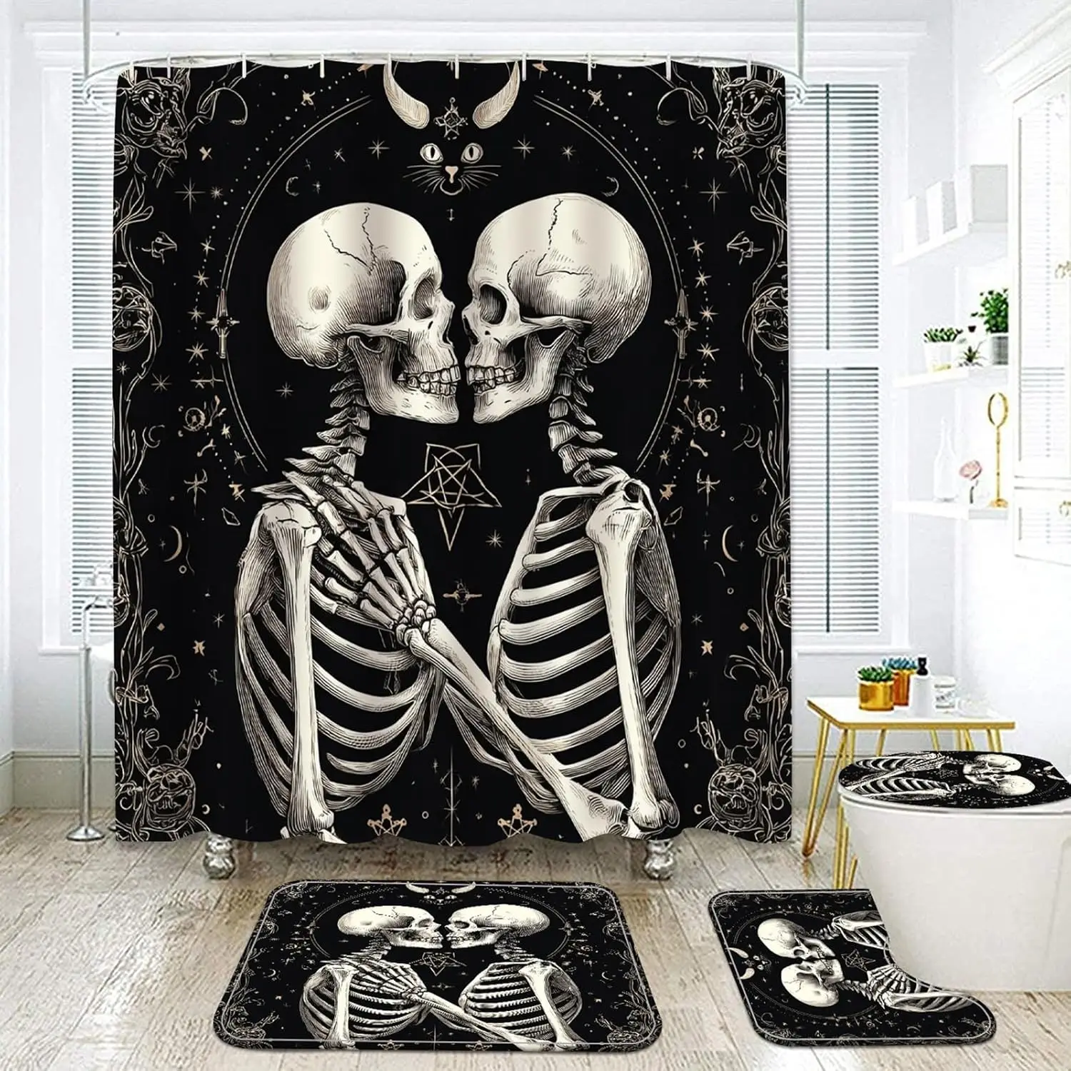 욕실용 할로윈 커튼, 4피스 고딕 해골 블랙 샤워 커튼 및 러그 욕실 장식 세트..
