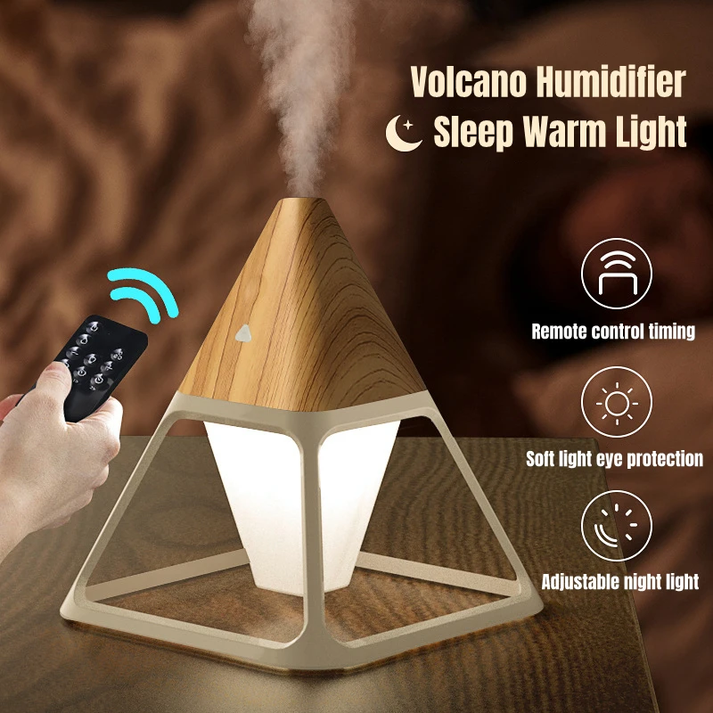 USB Wood Grain Volcano Pyramid Air Humidifier Remote Control Aromatherapy Essential Oil Diffuser with Warm Lamp Aroma Difusor