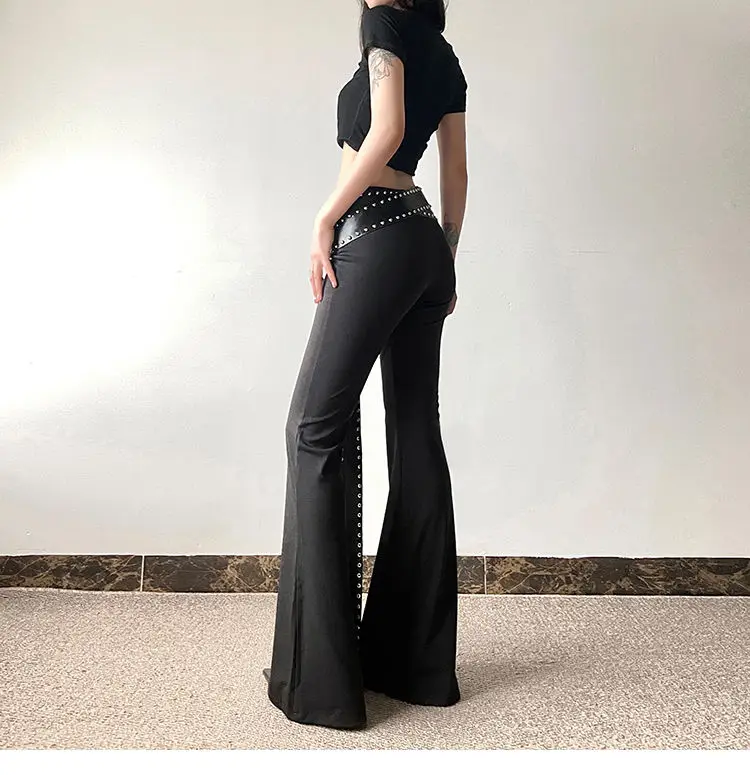 Flared Pants High Quality Rivets Black Fashion Personalized High Street All-Match Cool Women ChainTrousers 2024 Summer New