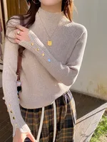 Autumn Winter Sweater Women  Pullovers Long Sleeve Tops Clothes Slim Knit Soft Jumper Streetwear Button Turtleneck Sweater - Image 5