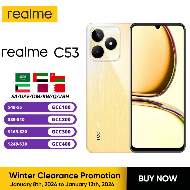 

Realme C53 50MP AI Camera Octa-core Processor 6.74"90Hz Display 5000mAh Battery NFC 33W SUPERVOOC Charge 6GB 128GB