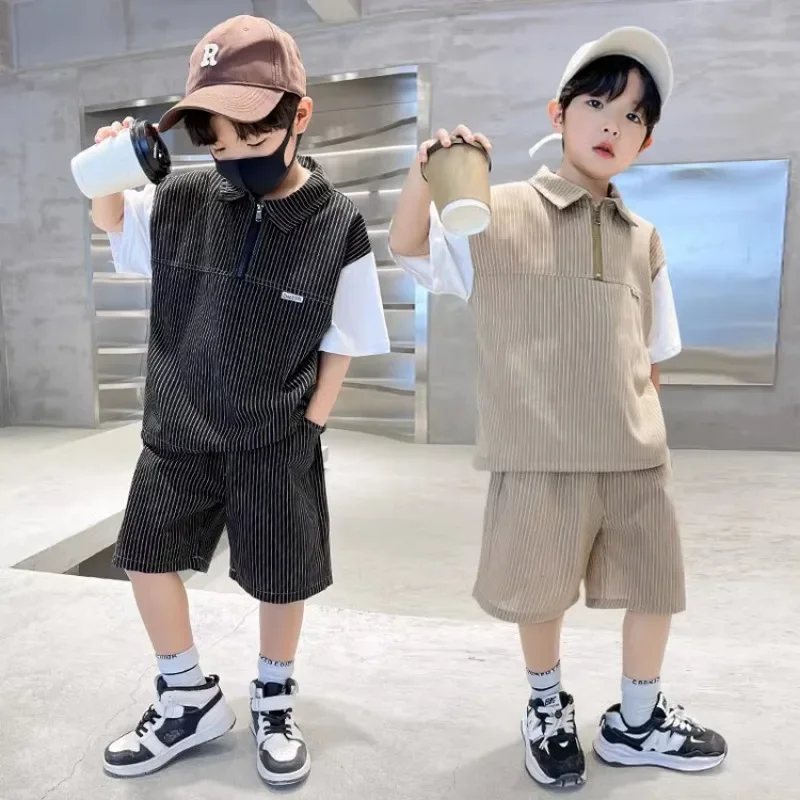 Children's Thin Striped Patchwork Boy Summer Suit New Sports and Leisure Thin and Handsome Summer Style for Big Boys