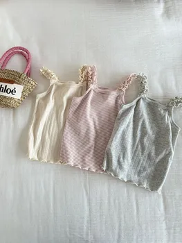 Gilet a canotta con filo colorato a righe estive per ragazze 2025 Maglieria carina versatile in stile coreano per bambine 1