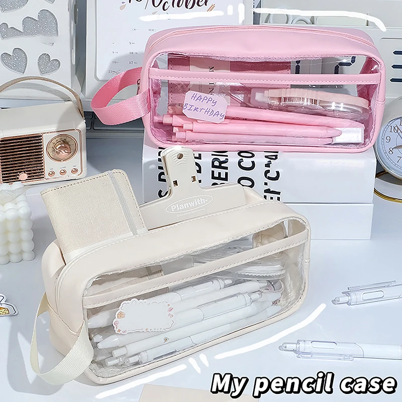 Astuccio Trasparente Grande Capacità Impermeabile Porta Cancelleria Scolastica Portatile Contenitore per Materiali Artistici Stile INS Borsa Porta Penne - immagine 3