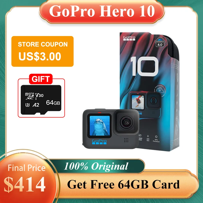 GoPro HERO 10 черная подводная Экшн-камера 4K 5.3K60 видео шлем Спортивная камера 23MP фото