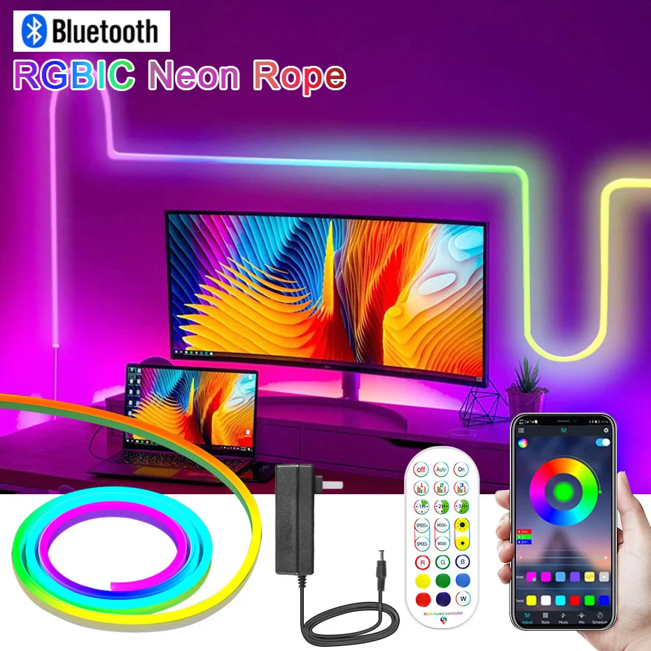 

RGBIC Neon Rope Lights 12V Bluetooth LED Strip 96Leds/M Smart Chasing Ribbon Tape Waterproof APP Remote Control DIY Lighting