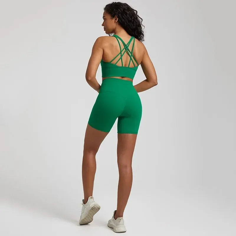 Lemon Gym Yoga Set Workout Training Women Sports Suit High Waist Short And  Fitness Bra 2pcs Short Legging  With Chest Pad