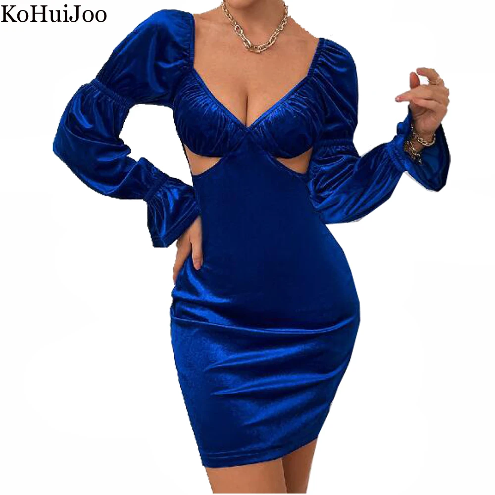 

KoHuiJoo Blue Velvet Dresses Autumn Winter Sexy V-Neck Pleated Dress Women European 2022 Club Tight Evening Pencil Dress
