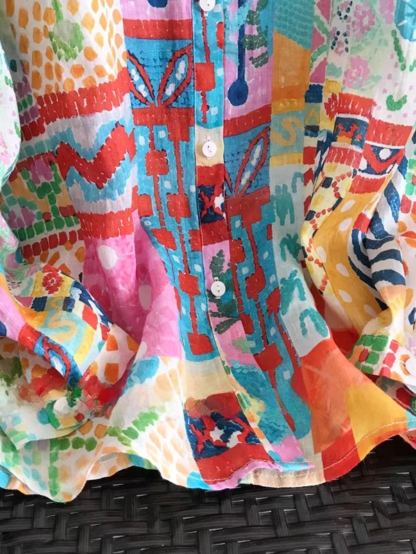 Summer Digital Print Women's irt Linen Material Small Brand Artistic Ethnic Sle Loose Fit Button up Long Sve Blouse