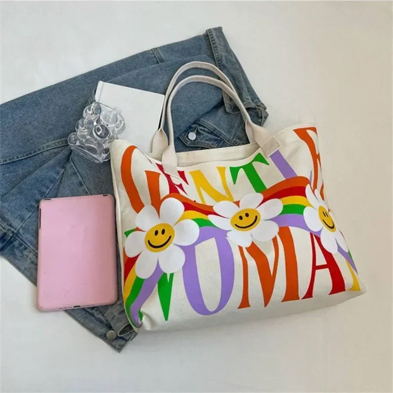 New Print Canvas Bag Fashion Zipper Handbag Shoulder Bag, Teen Girl School Bags, Large Capacity Tote Bag for Women, Work, Travel