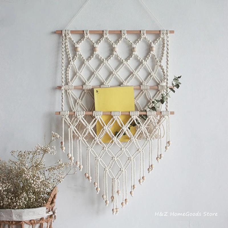 

Hand Woven Storage Rack Macrame Tapestry Book Magazine Net Pocket Rack For Bohemian Decoration Boho Decor Ornament Livingroom