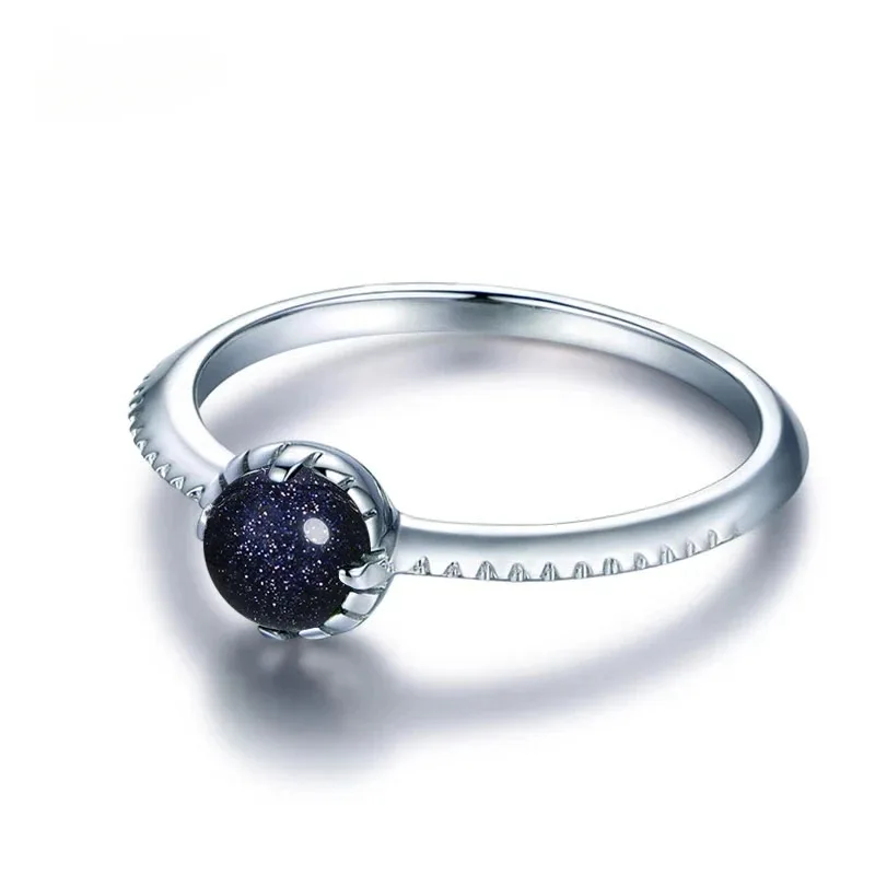 Vintage Natural Stone Blue Sand Ring for Women Solitaire Round Simple Minimalist Style Fine Jewelry Engagement Anniversary Gifts natural stone ring
