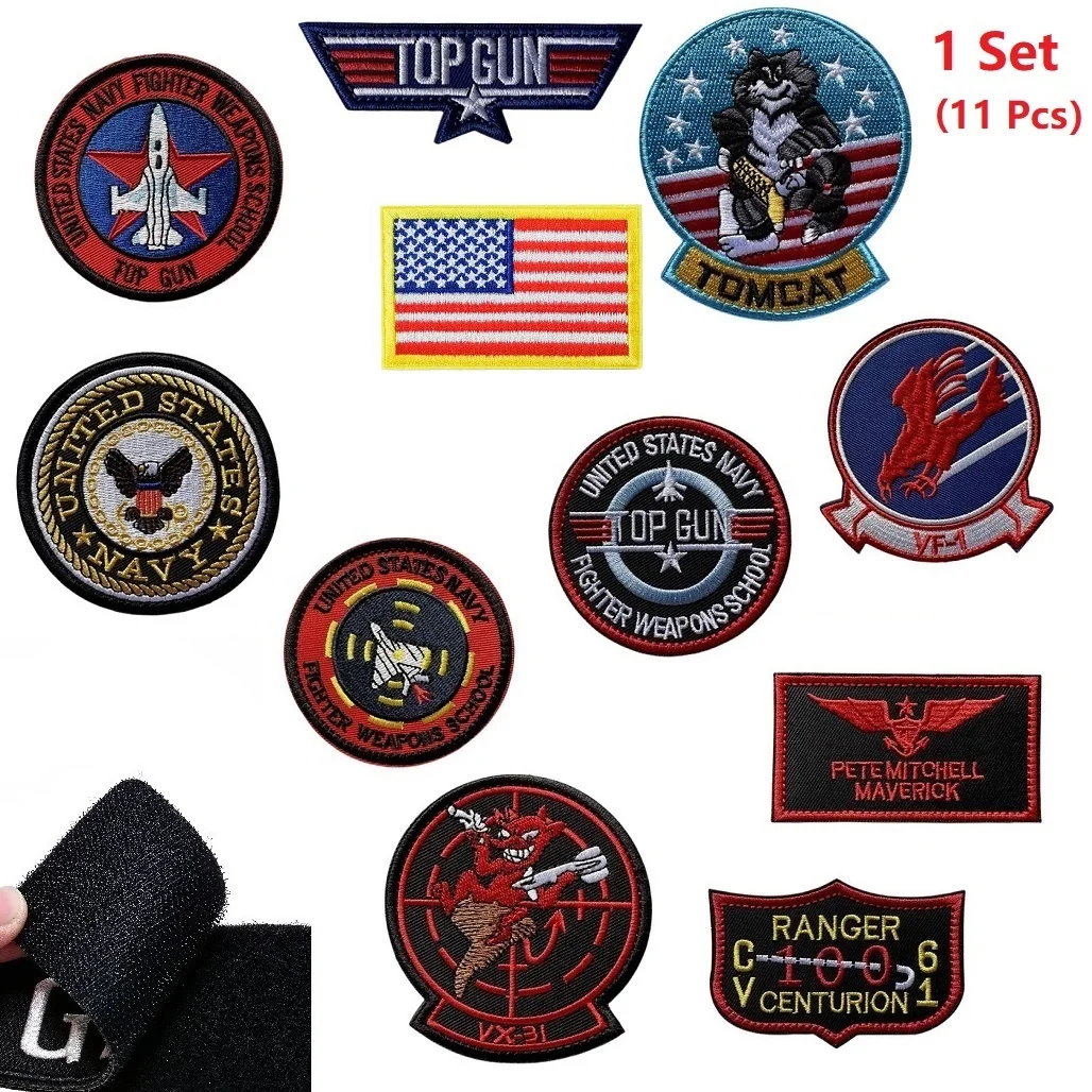 

11Pcs/Set Top Gun Tomcat Embroidery Patch Chapter American Navy Air VF-1 Pilot Armband Clothes Badge Jacket Sticker .Hook Loop