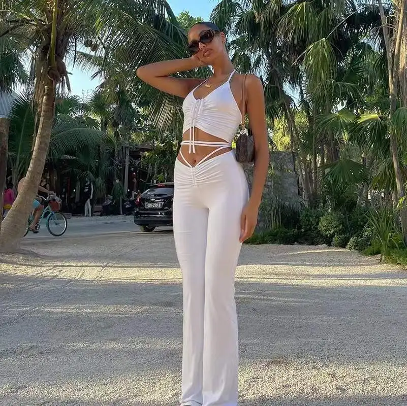 women's short suit set 2022 New Y2k Sexy High Waist Bandage Flare Pants Two Piece Set Women Summer Solid Casual Fitness Tracksuit Crop Tops Sporty Suit womens white suit set