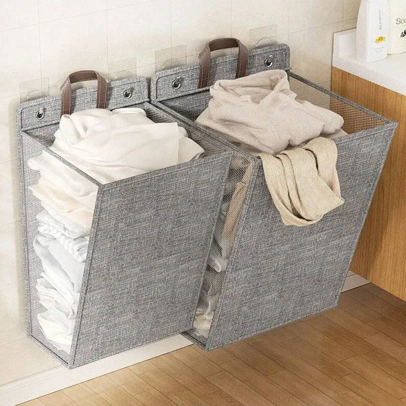 1pc Foldable Laundry Basket , Multifunctional Punch Free Wall Hanging Washing Clothes Organizer Basket,Dirty Clothes Basket