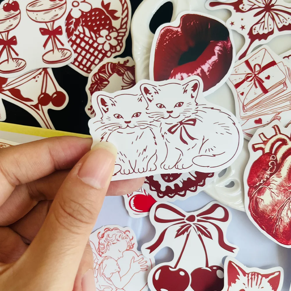 50PCS 빈티지 레드 발렌타인 데이 스티커 DIY 장식 스티커 스크랩북 노트북 수하물 컵 전화 케이스 인기 스티커