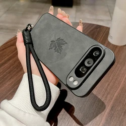 Fashion Leather Maple Leaf Pattern Case with Wrist Strap and Lanyard - PU Soft Cover - Pixel 9 (DarkGray GS)
