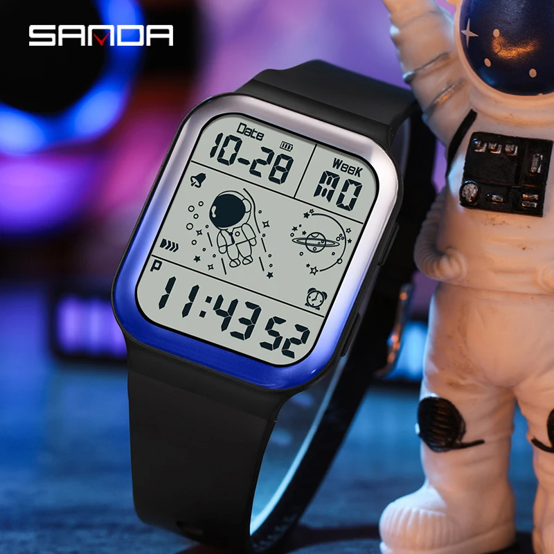 SANDA Mens Watches Fashion Gradient Multifunctional Electronic Watch Square Dial Casual Student Watch Luminous 50M Waterproof