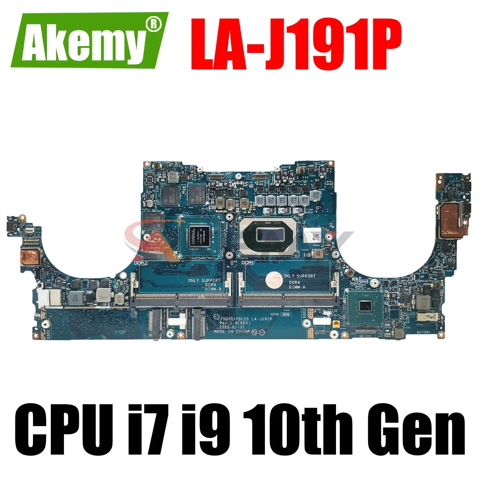 

For DELL XPS 15 9500 Laptop Motherboard With I7/I9 CPU GTX1650/GTX1650TI 4GB FDQ50 FDC55 LA-J191P CN-0RHXRG CN-0XWT2F