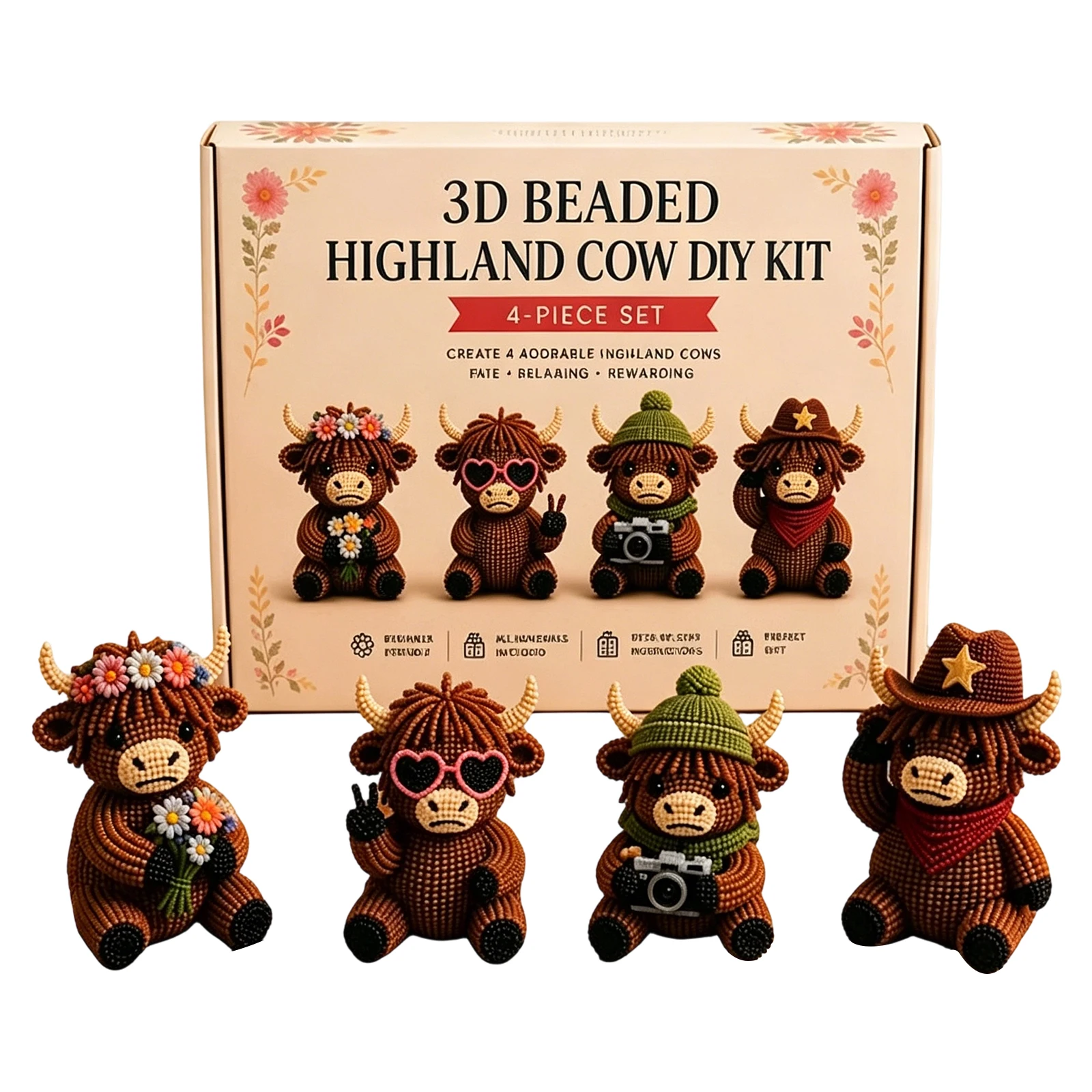 3D DIY 비즈 동물 만들기 키트 4개 귀여운 하이랜드 소 수제 비즈 아트 키트 비딩 아트 세트 초보자 및 공예 애호가용