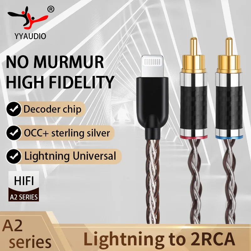 

YYAUDIO OCC+Sterling Silver Hifi Lightning iphone Series to 2Rca Cable for Iphone to Power Amplifier HiFi Audio Line