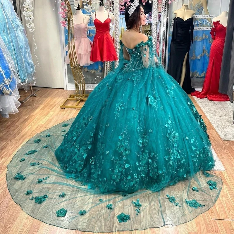 Emerald Green Quinceanera Dresses With Cloak Beading 3D Flowers Mexican Sixteen Princess Prom Gowns