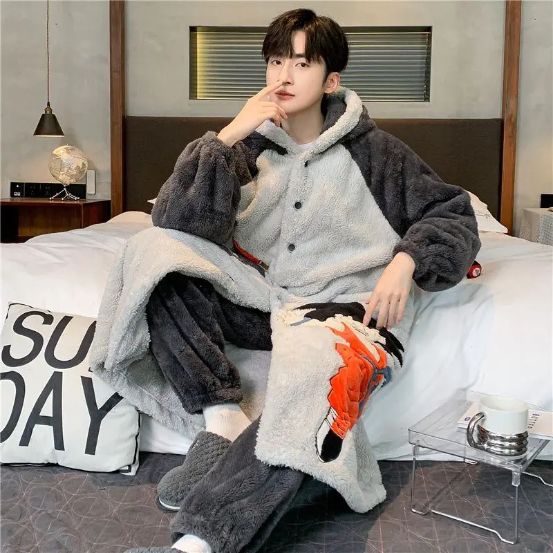 Autumn and Winter New Coral Plush Thickened and Warm Cartoon Loose Men's Home Clothing Set with Cold resistant Sleeping Robe