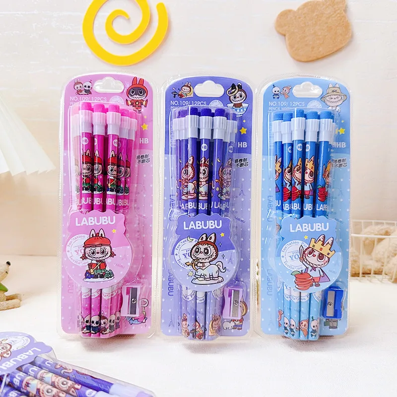 Labubu Anime Erasable Pencil Set – 12pcs Student Stationery with 0.5mm Refill & Break-Resistant Lead, Perfect Gift 2