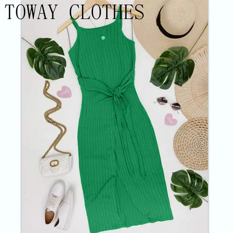 

Dress For Women 2023 Round Neck Tied Detail Sleeveless Slit Dress Casual Chic Mid-Calf Dresses