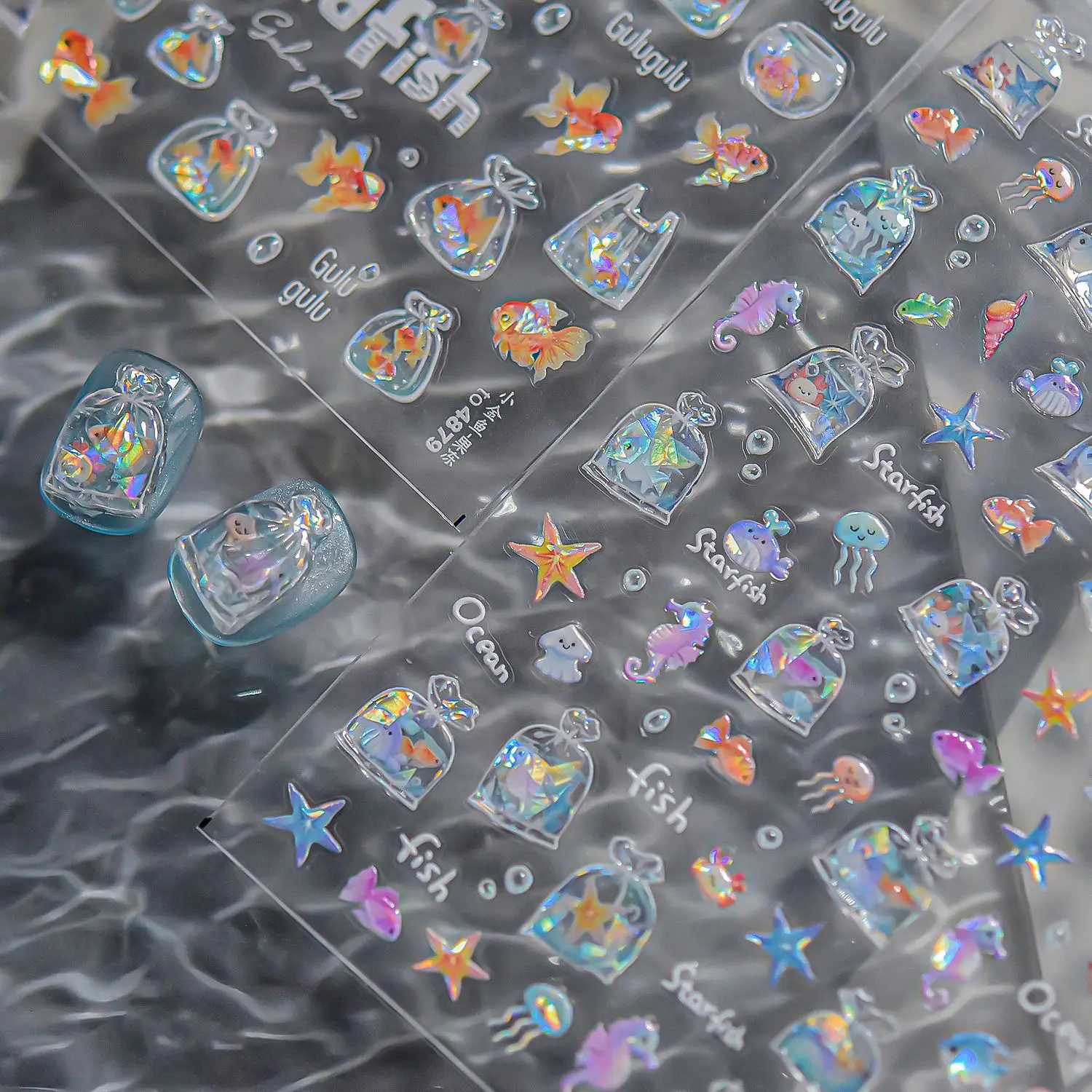 1개 5D 금붕어 레드 코이 버블 네일 아트 데칼 오션 시리즈 불가사리 해파리 바다 ? ? 물고기 네일 스티커 여름 네일 슬라이더 장식