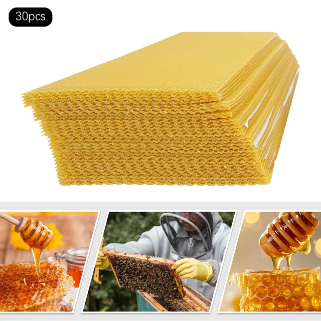 30-Pack Natural Beeswax Hive Foundations Beekeeper's Starter Kit 7.68x16.34" Beekeeping Sheets for Increased Honey Production