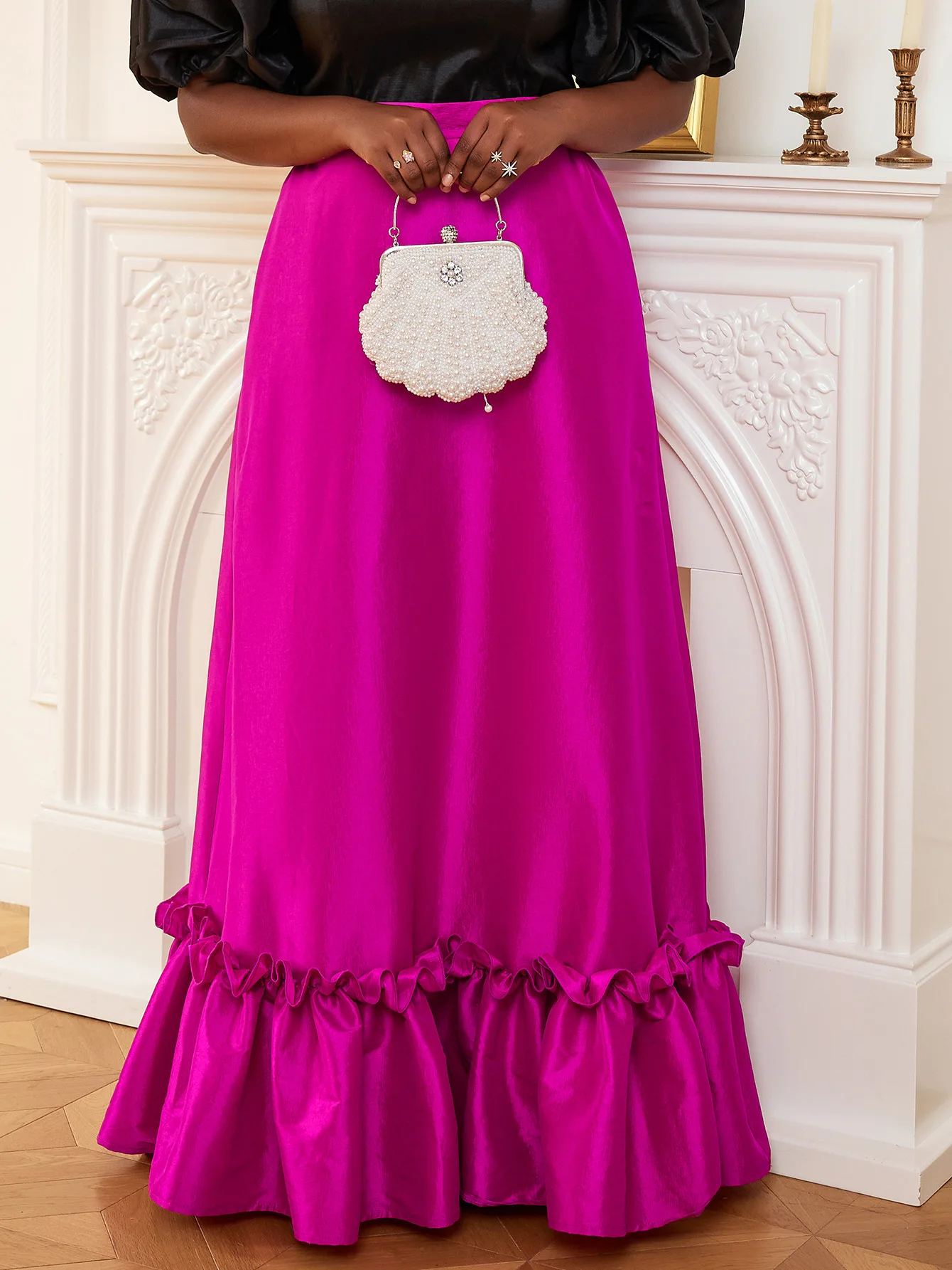 

Maxi Long Evening Skirts for Women Sparkly High Waist Flare A LINE Ankle Length Fuchsia Skirt Formal Wedding Guest Outfits 4XL