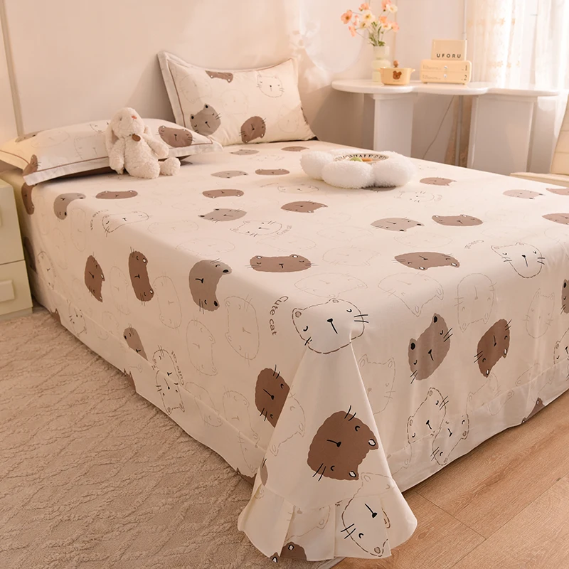 3pcs Cartoon Cat Theme Cotton Bed Sheet Set, Cute Animal Queen Thickened Bedding with 2 Pillowcases, Adult Bedroom King Sheets - Image 2