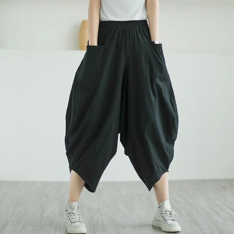 Women's Summer New High Waist Elastic Wide Leg Pants Fashion Design Solid Pocket Lantern Pants Plus Size Loose Versatile Capris