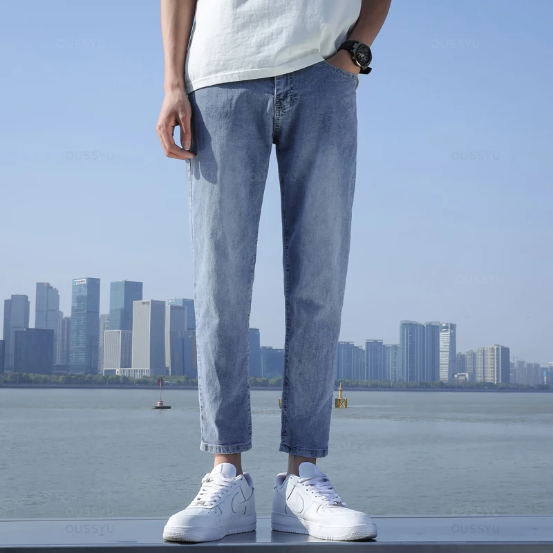 2025 New Men's Stretch Ankle Length Jeans Light blue Fashion Casual Cotton Slim Fit Denim Pants Korean Trousers Male Brand Cloth 4