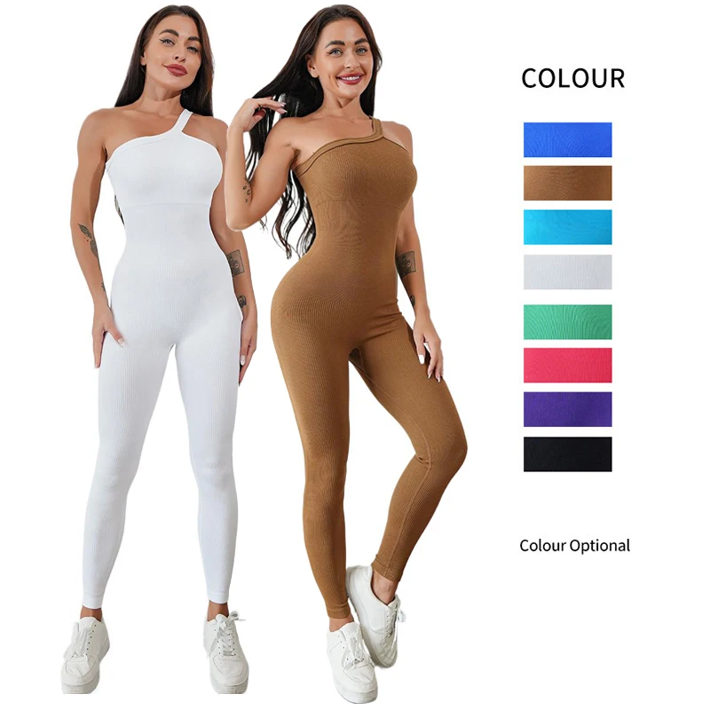Women's Tracksuit One Shoulder Solid Yoga Jumpsuit One Piece Workout Sleeveless Rompers Sportswear Woman Gym Set Xiny3