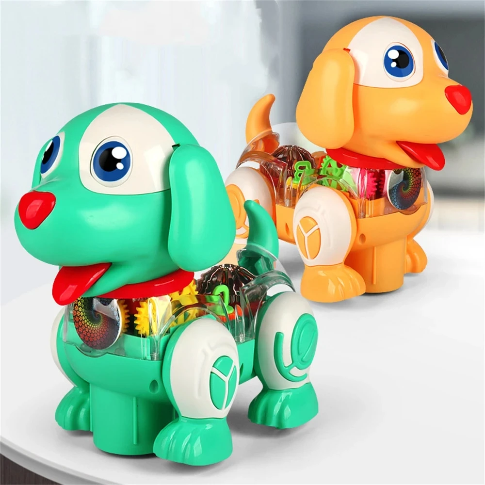 

Carton Electric Transparent Gear Simulation Dog Walking Lights Music Electronic Children Educational Toys Car Doll