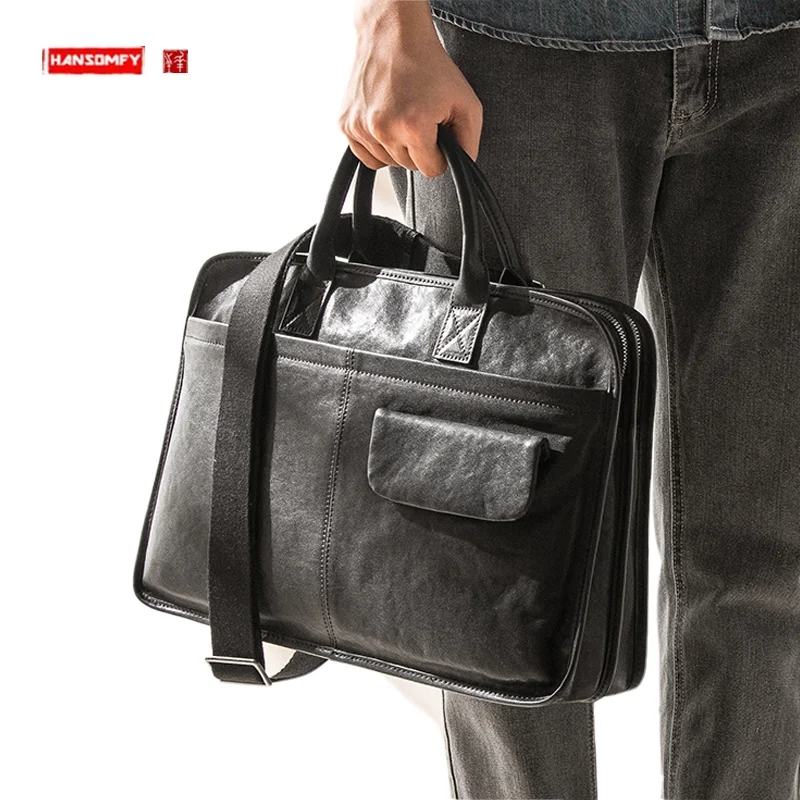 

Genuine Leather Men's Briefcase Large Capacity Cow Leather Computer Bag Business Messenger Bag Simple Shoulder Bag Handbags