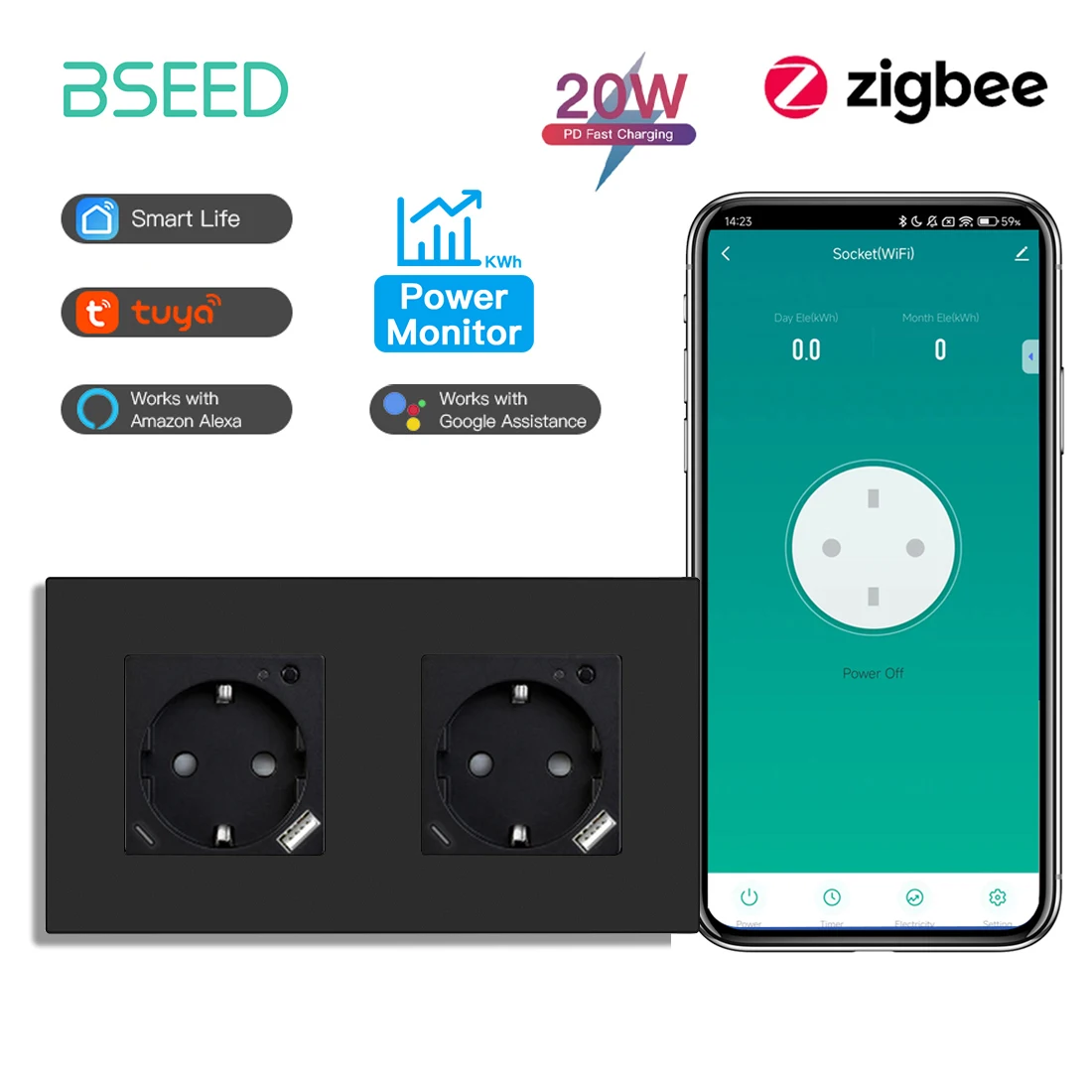 BSEED زيجبي مقبس الاتحاد الأوروبي زائد 20 واط Type...