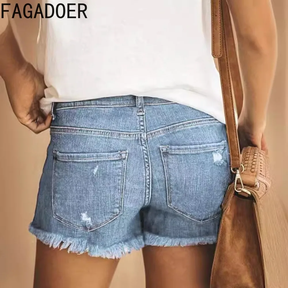 FAGADOER Summer New Hole Flash Denim Shorts Women High Waist Button Slim Jean Bottoms Fashion Female Solid Color Matching Shorts