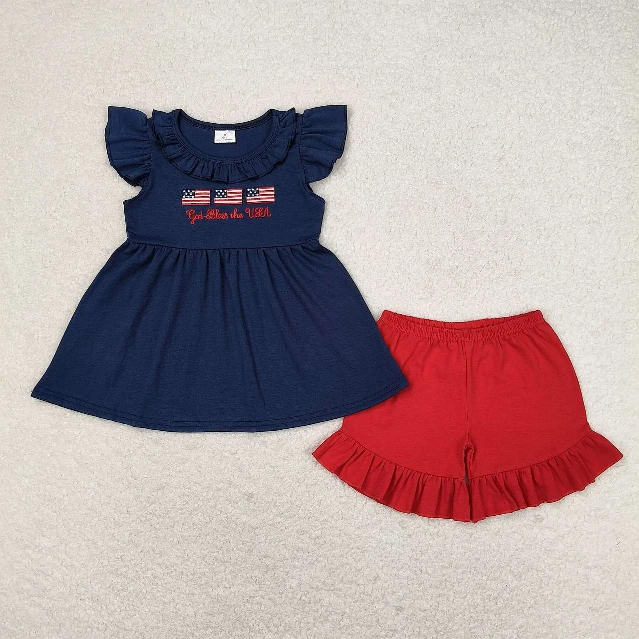 Kids Summer Embroidery Flags Shirt Toddler Set Children Red Cotton Shorts Matching Baby Boy Girl July 4th Outfit