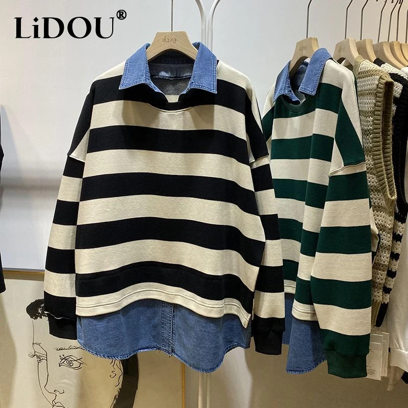 2023 Spring Autumn New Turn-down Collar Fashion Long Sleeve Sweatshirts Women Striped Contrast Color Fake Two Pieces Pullovers