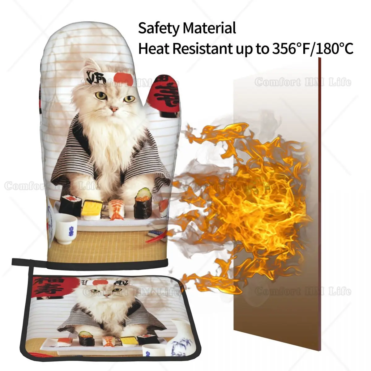 Sushi Cat Japanese Cute Funny Kitten Oven Mitts and Pot Holders Heat Resistant Oven Gloves Safe Cooking Baking Grilling